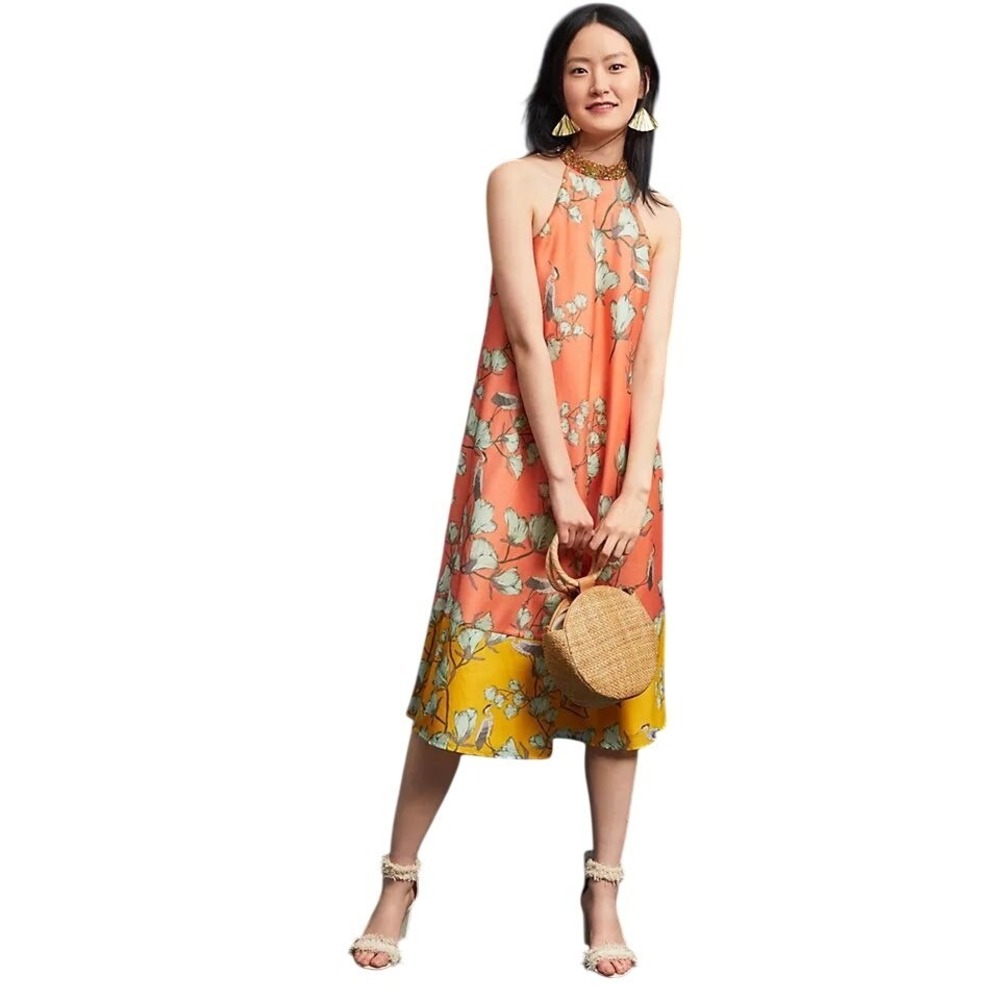 Anthropologie Varun Bahl Beaded Blossom Dress Silk Halter Floral Bird Midi Sz M